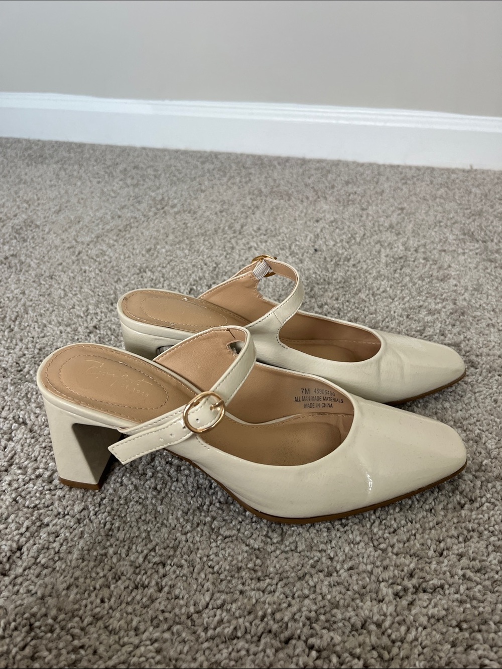Cream Patent Mary Jane Block Heel Pumps